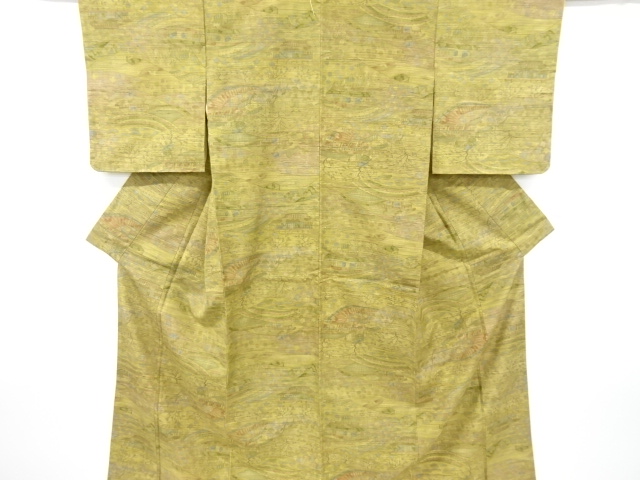 家屋風景模様手織り節紬着物